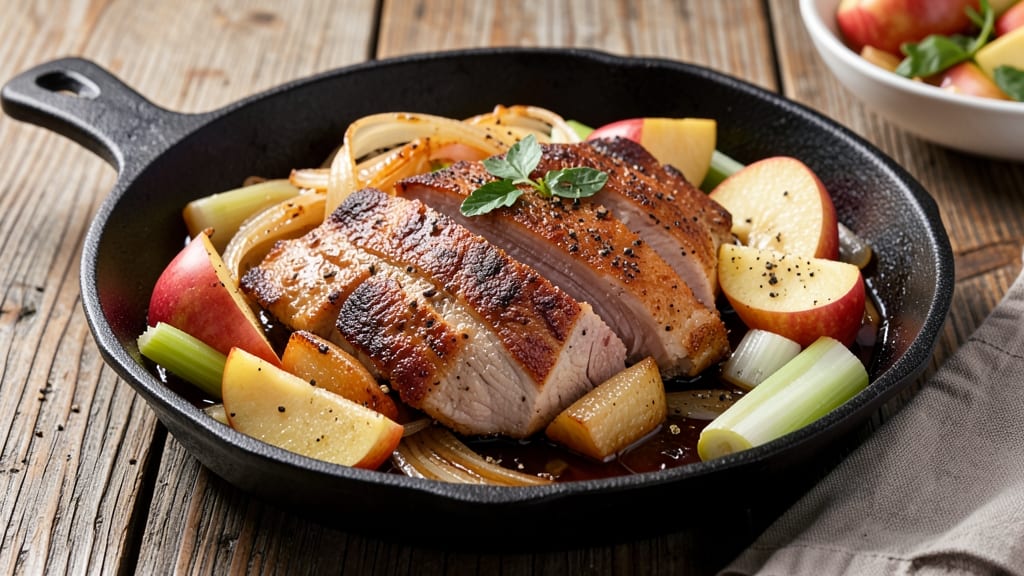 Pork Apple and Onions Recipe: Sweet-Savory Braise With Crispy Celery Bites