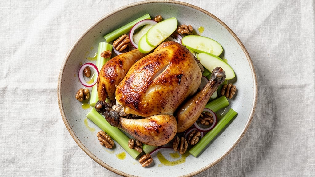 Old Chicago Roasted Chicken, Apple, and Walnut Salad Recipe: Warm Spice-Dusted Chicken with Crunchy Celery-Apple Walnut Topping